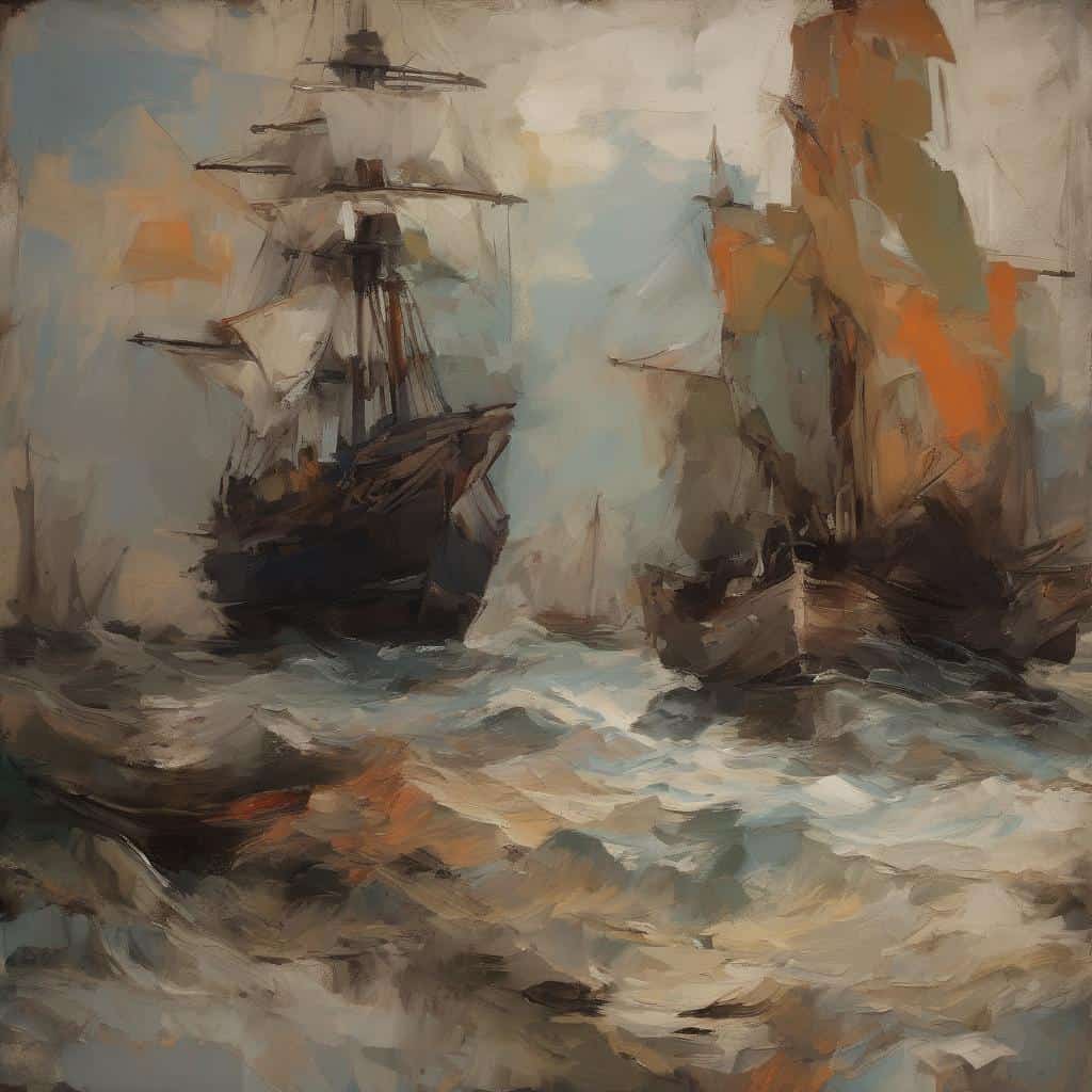 Παλαιά πλοία σε θαλάσσια μάχη, ατμοσφαιρική ασπρόμαυρη φωτογραφία, συναισθηματική ένταση, ιστορική ναυτική σκηνή, ρεαλιστική απόδοση.