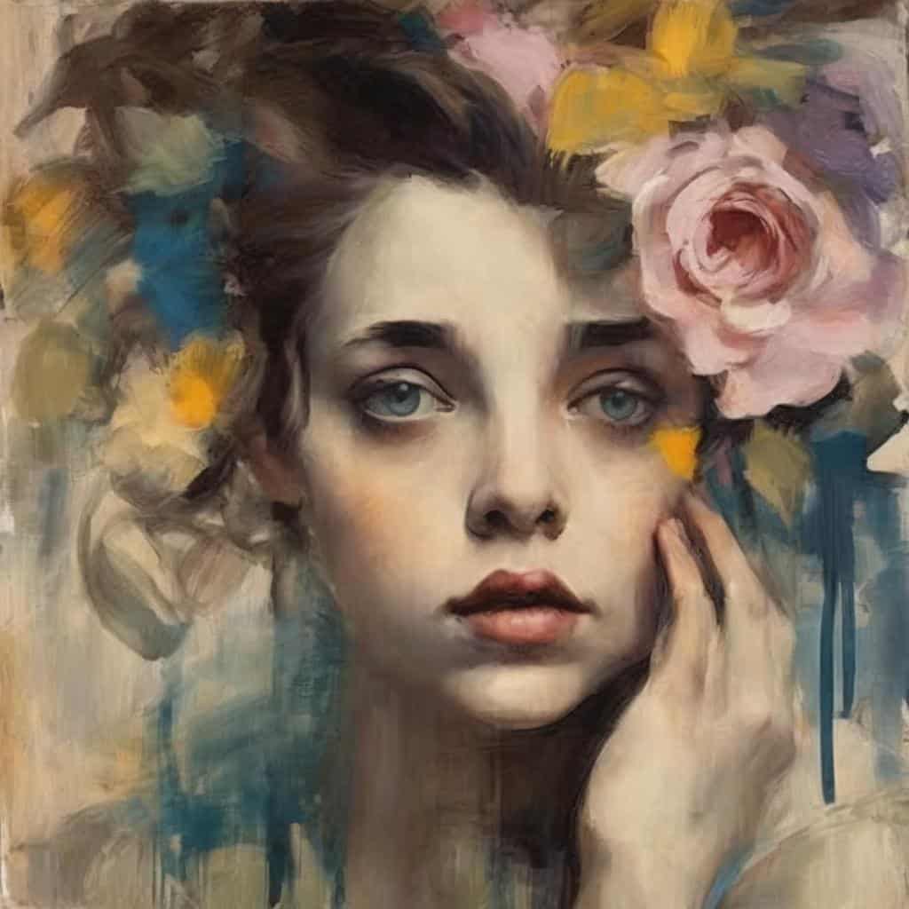 Πορτρέτο γυναίκας με έντονη συναισθηματική έκφραση και λουλούδια, σε στόκο έργο τέχνης, ασπρόμαυρη αίσθηση, συγκινητική φωτογραφία.