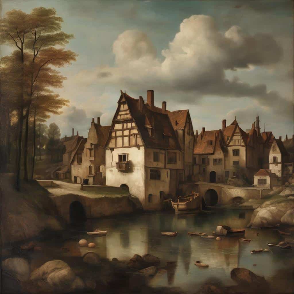 Χαρακτηριστικό άσπρο-μαύρο τοπίο με εντυπωσιακή συναισθηματική ένταση σε ιστορική πόλη με παραδοσιακά σπίτια και ήσυχο ποτάμι.